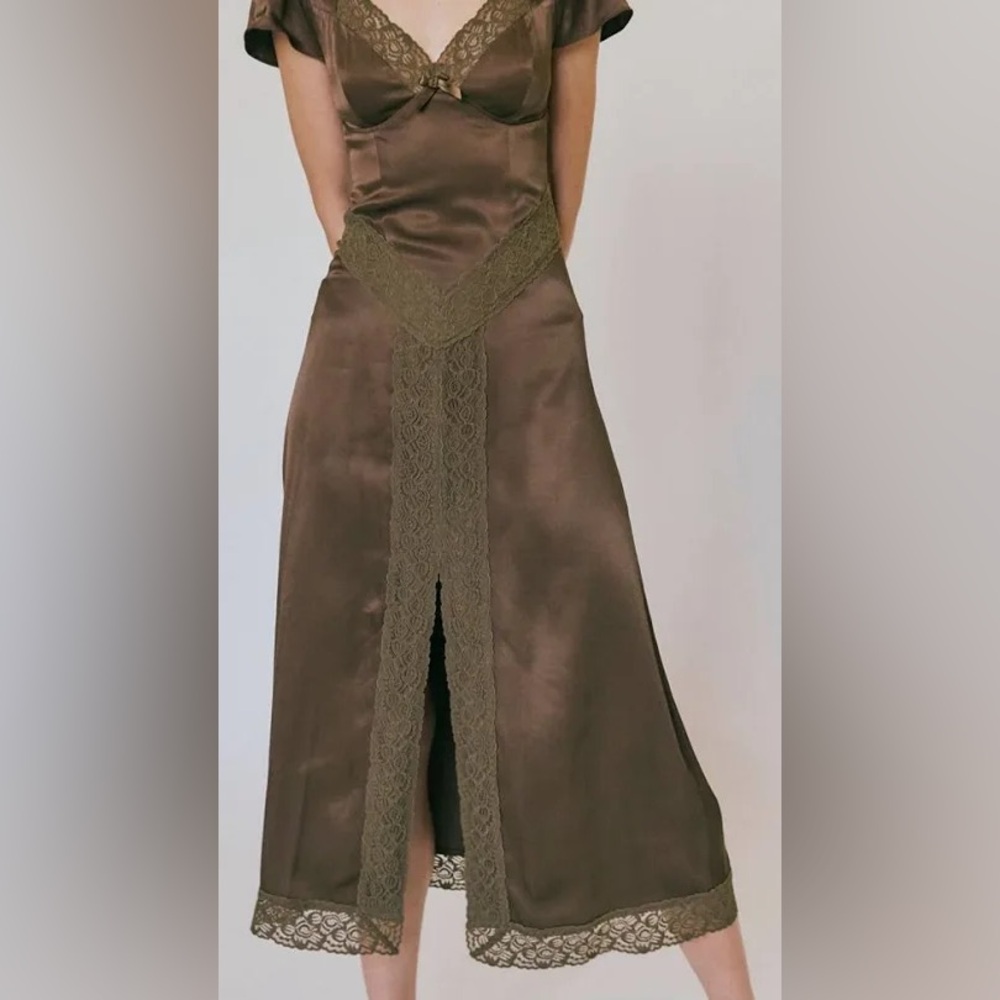 FREE PEOPLE BROWN SATIN AND LACE MIDI DRESS